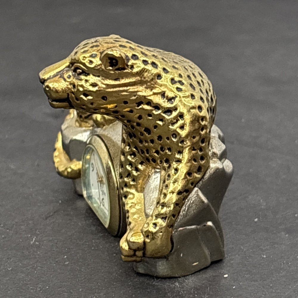 Elgin Leopard Desk Top Mini Clock Goldtone Untested