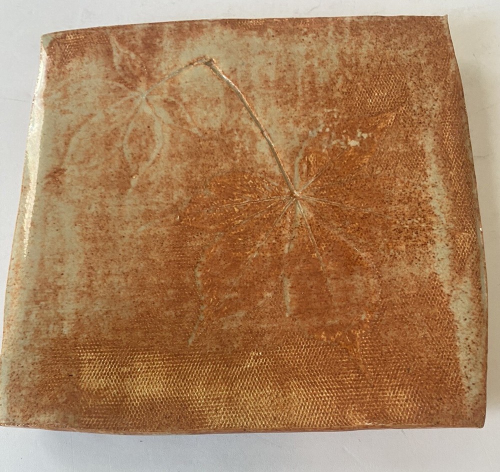 Studio Pottery ~ Square Pottery Trivet Orange Leaf Embossed Textured Signed 5.5"