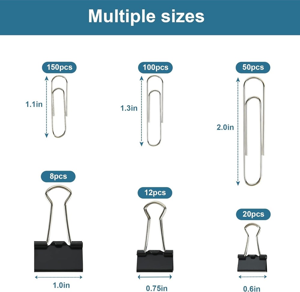 Assorted Size Binder Clips & Jumbo Paper Clips Set 340pcs Black Large Office &
