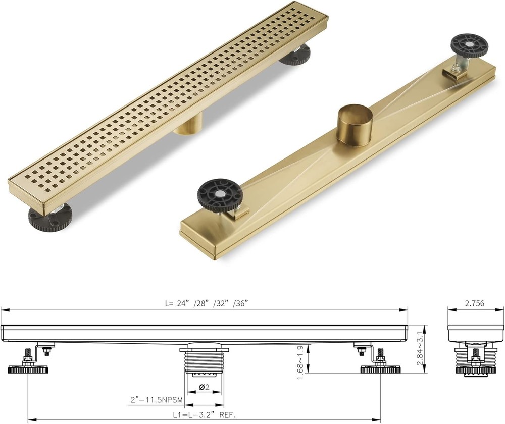 Linear Shower Drain 36 Inch Rectangular, Brushed Gold Shower Drain (1112)