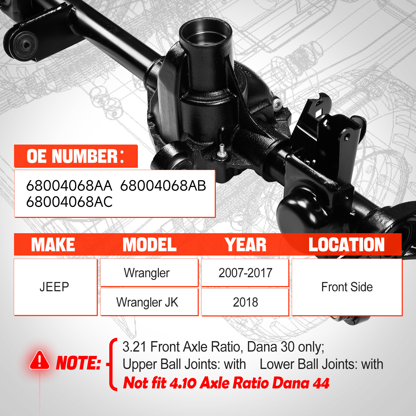 Front Axle Housing For Jeep Wrangler JK 2007-2017 30 3.21 Axle Ratio 68004068AA