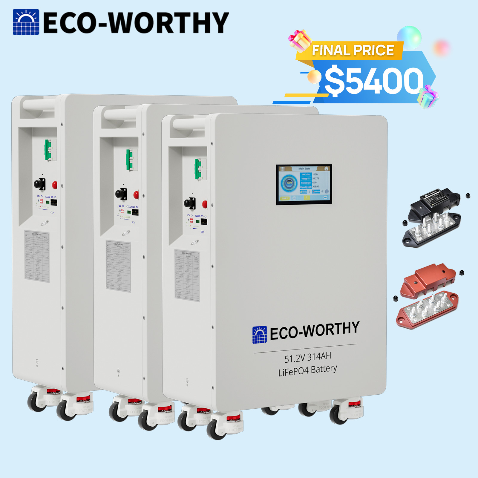 ECO-WORTHY 3Pack 48V 314AH (48.23kWh) LiFePO4 Battery Vertical Standing Backup