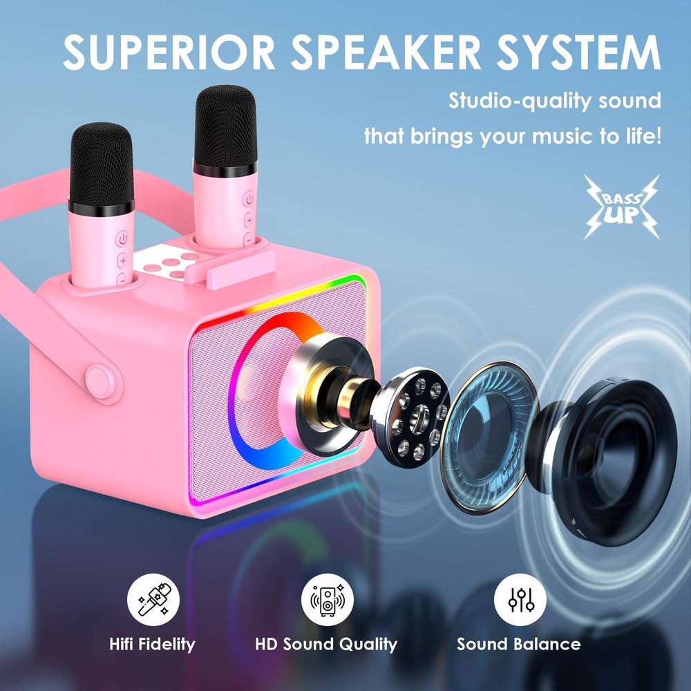 Karaoke Machine,Portable Bluetooth Speaker with 2 Wireless Microphone Pink