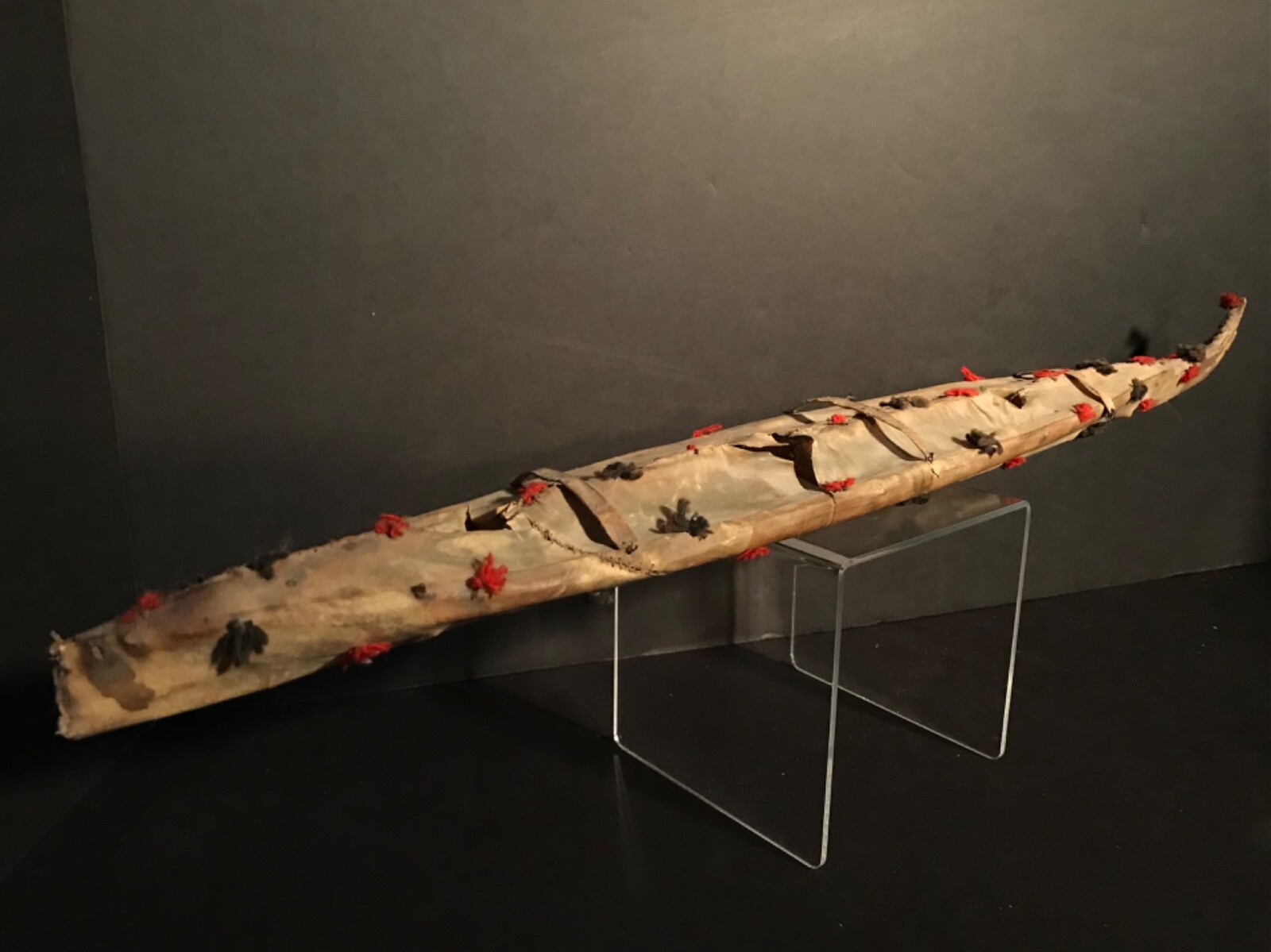 ESKIMO NATIVE KAYAK, WOOD, SEAL & GERMANTOWN WOOL DECORATION, EXCELLENT, C1900