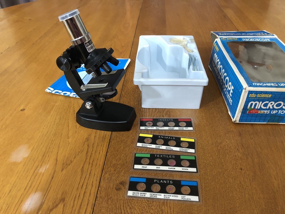 VINTAGE EDU-SCIENCE MICROSCOPE IN PACKAGE W/ACCESSORIES JAPAN MADE
