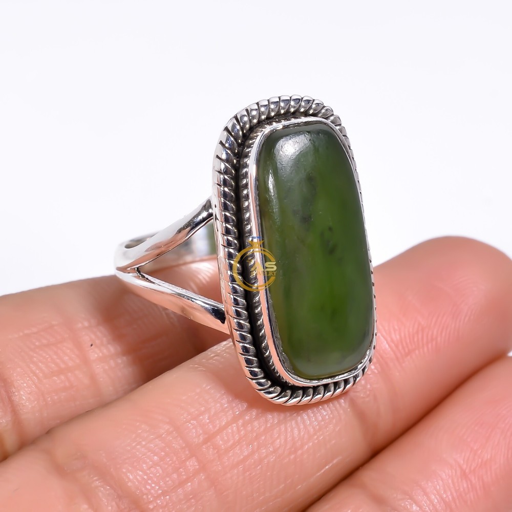 Nephrite Jade Ring Green Stone 925 Sterling Silver Handmade Statement Boho Rings