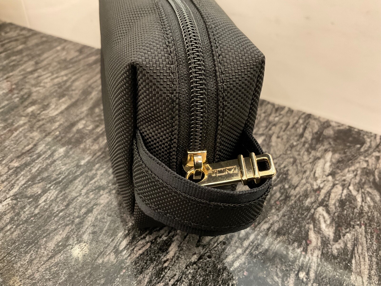 NEW - TUMI Zippered Small Kit - 4”x7” Pouch - Cosmetic Bag - BLACK with GOLD