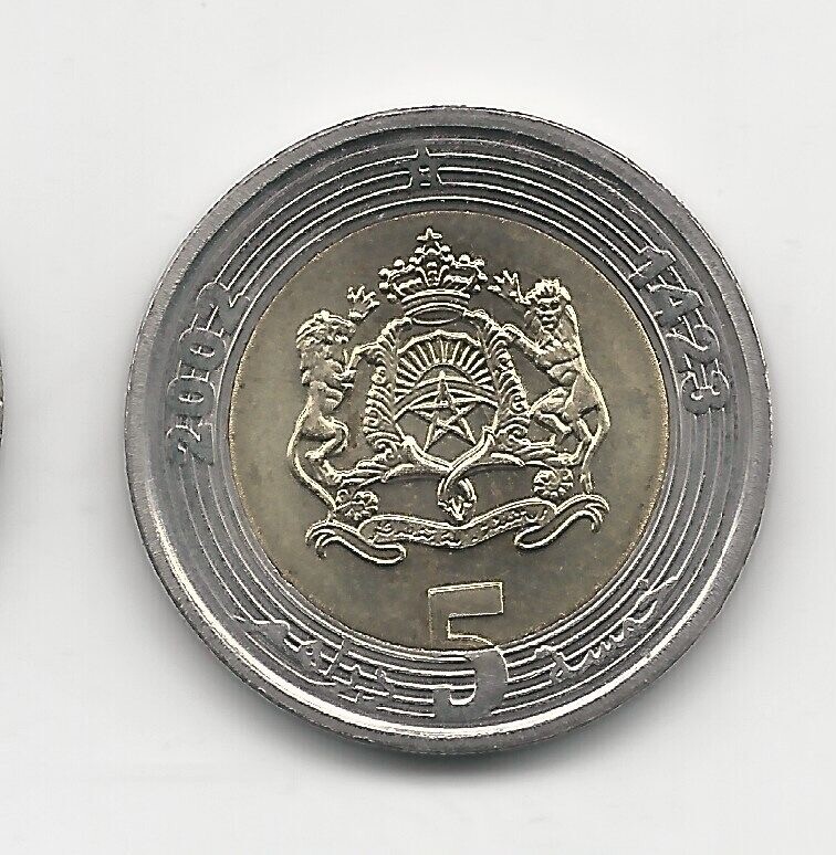 Morocco Maroc 5 DIRHAMS 2002 KM Y 109 Bimetallic UNC
