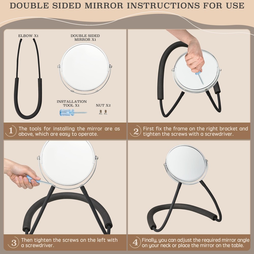 Double Sided Mirror 360 Rotating Hands Free Adjustable Neck Strap Standard & ...