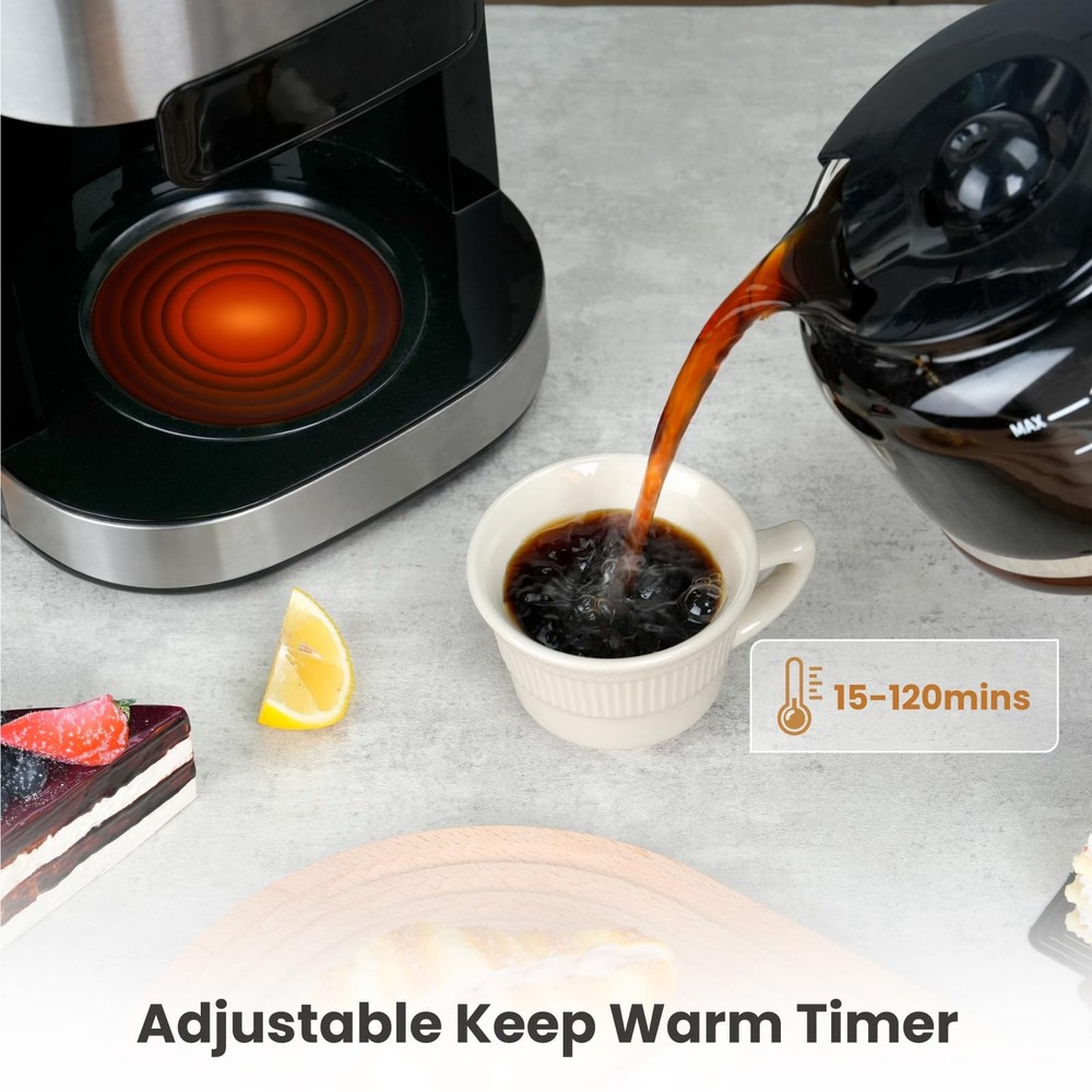 10-Cup Drip Coffee Maker with Built-in Grinder, Programmable Brew Coffee Machine