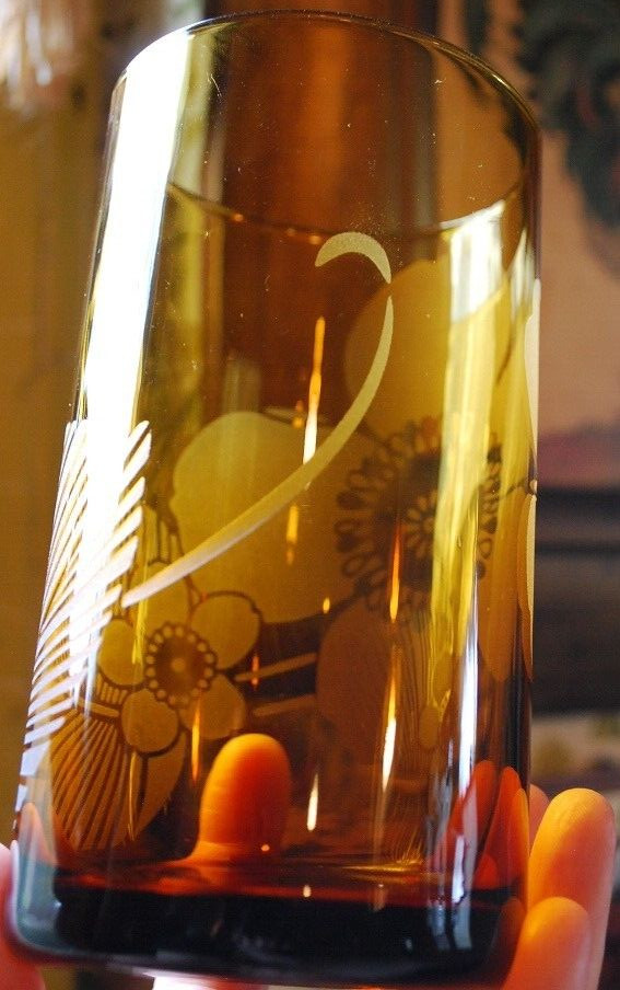 Vtg Set 8 PIER 1 Tumbler Glasses ETCHED FLOWER Hand Blown 6" Multicolor 20 Ounce