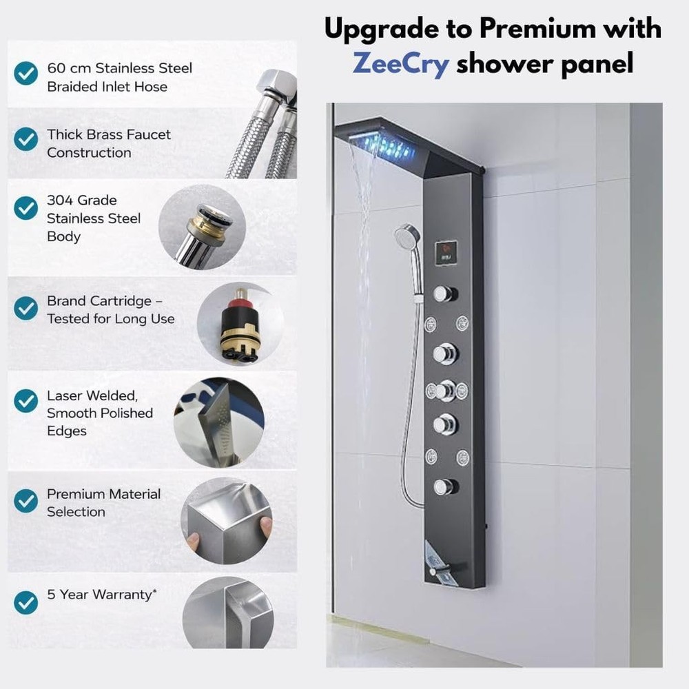 ZeeCry Shower Panel SS 304 Hand Shower Modes With LED Rainfall Waterfall Shower
