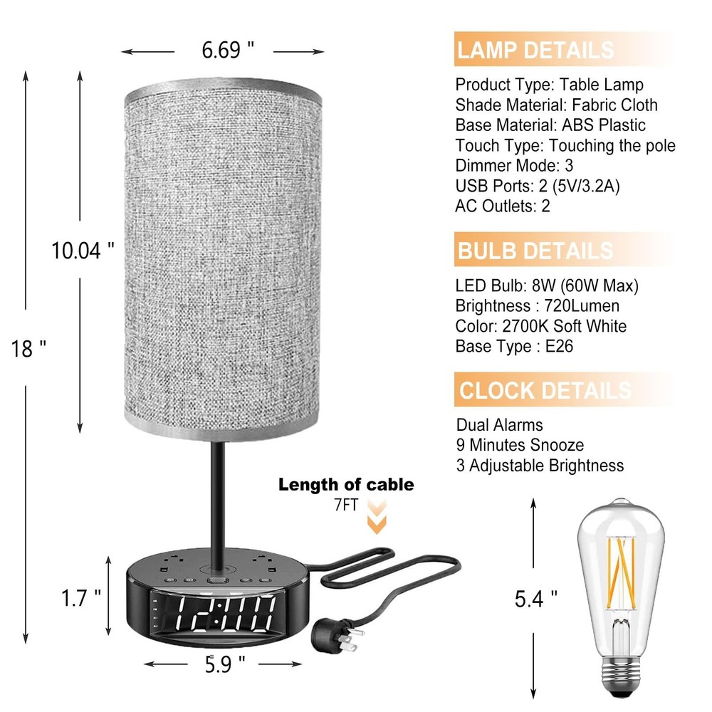 Touch Control Nightstand Lamp USB C Charging Alarm Clock Dimmable Gray