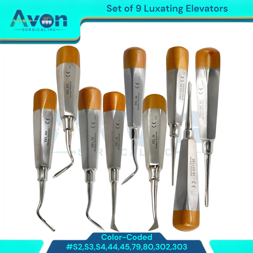9pcs Dental Root Tooth Extraction Luxating Elevator Pick, Straight, Right, Left