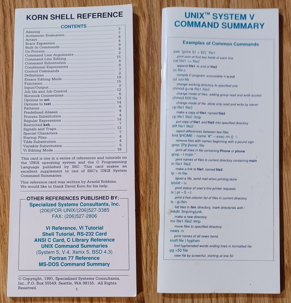 Korn Shell Reference '91 + UNIX System V Command Summary '87 Vintage UNIX Cards