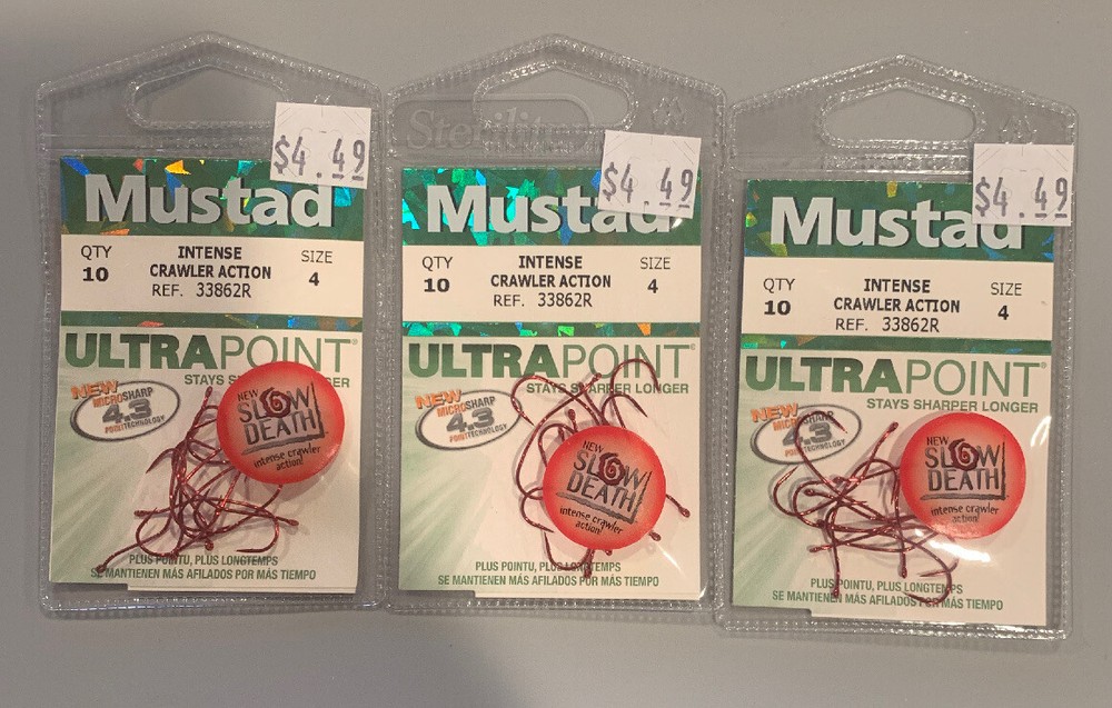 3 Packs Mustad Intense Crawler Action Hooks Red Size 4