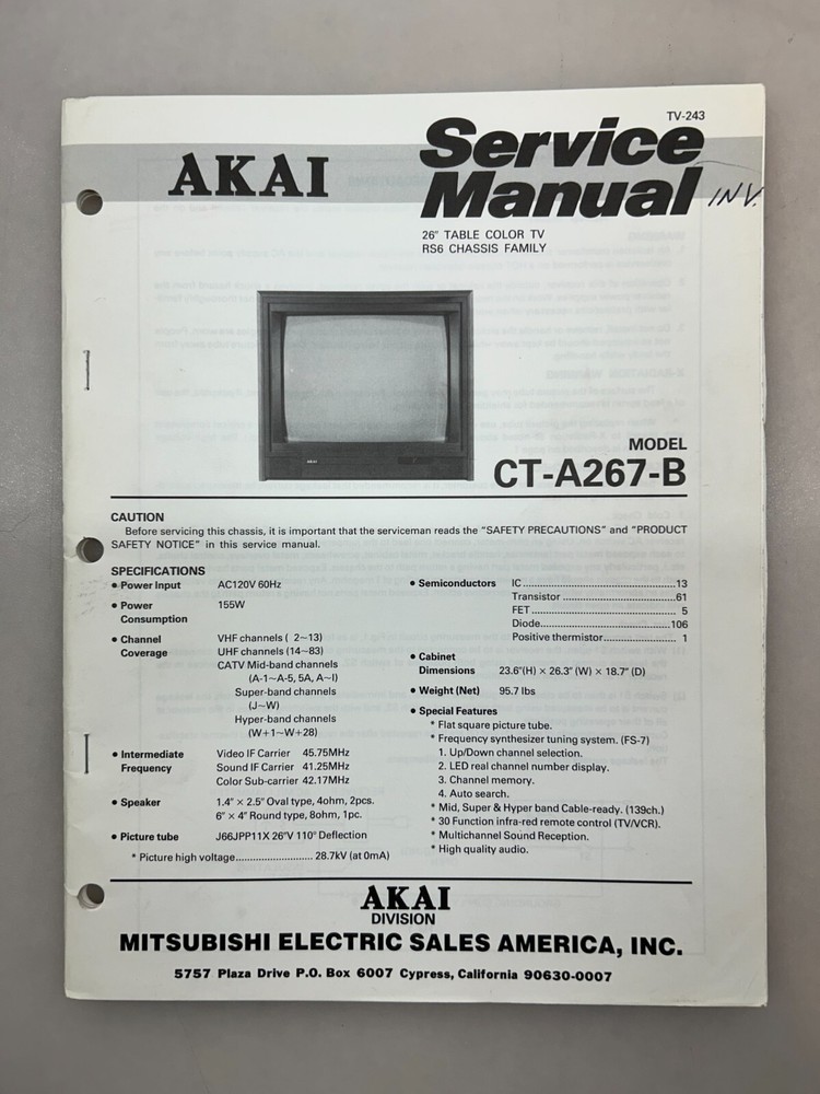 Akai CT-A267-B Original Service Manual Free Shipping