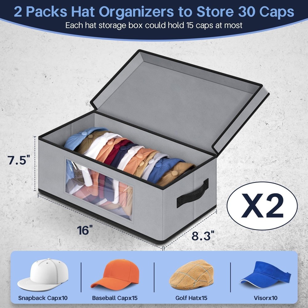 Stackable Hat Organzier For Baseball Caps 2 PCS Hat Storage Boxes For Closet