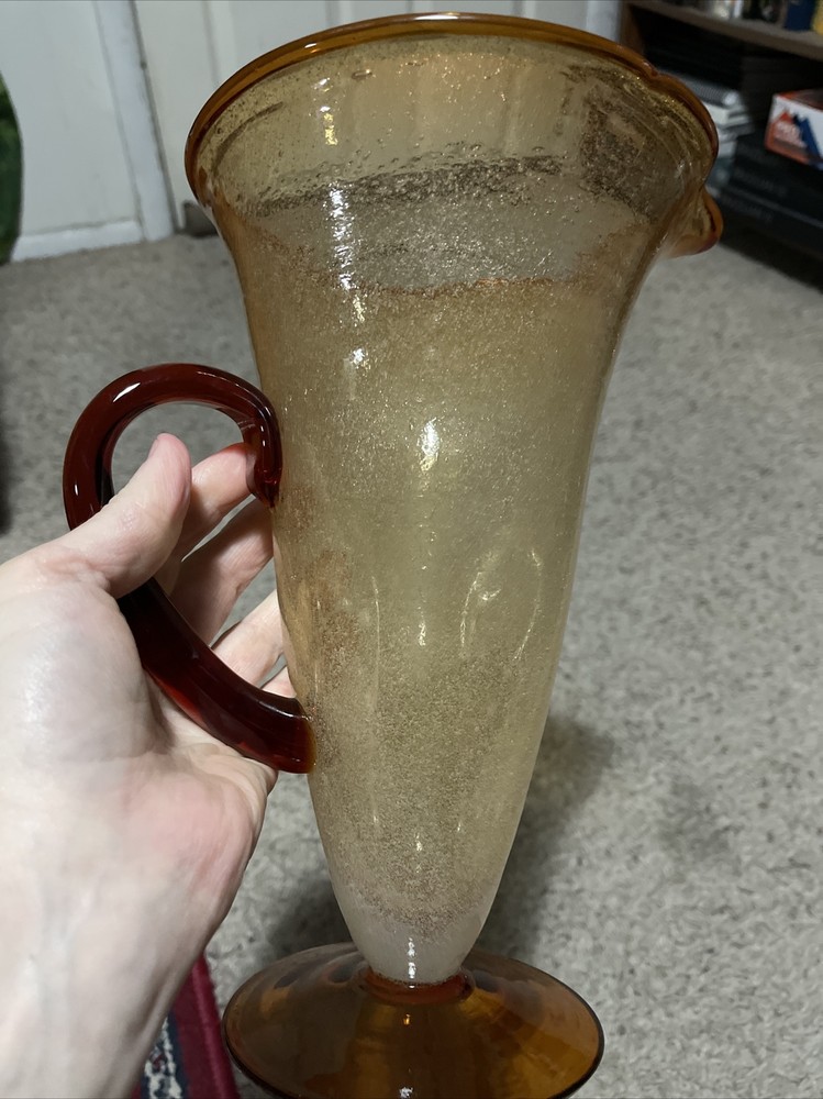 Large Hand Blown Orange/brown Glass Controlled Bubble Pitcher Applied Handle