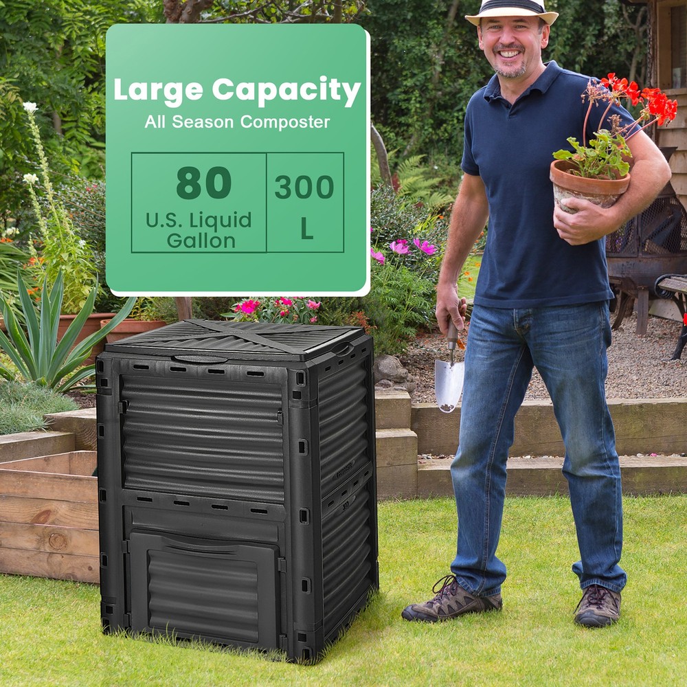 80-Gallon Outdoor Composter W/ Large Openable Lid & Bottom Exit Door