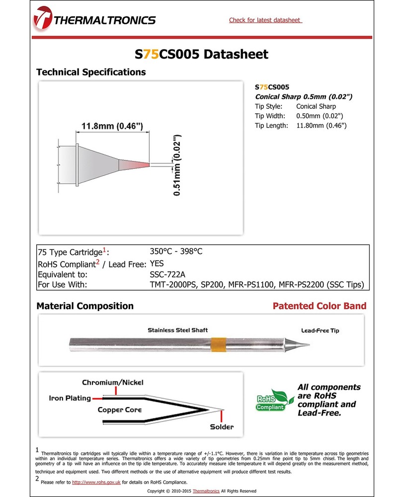 S75CS005 Conical Sharp 0.5mm 0.02in Interchangeable For Metcal SSC-722A