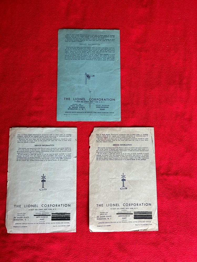 LIONEL PREWAR TYPE 1041/1241 MULTI-CONTROL TRANSFORMER OPERATING INSTRUCTION