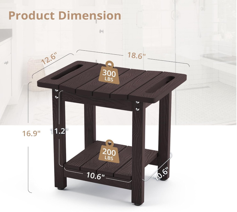 Banco de ducha con estante, impermeable y antideslizante, para interior o exteri