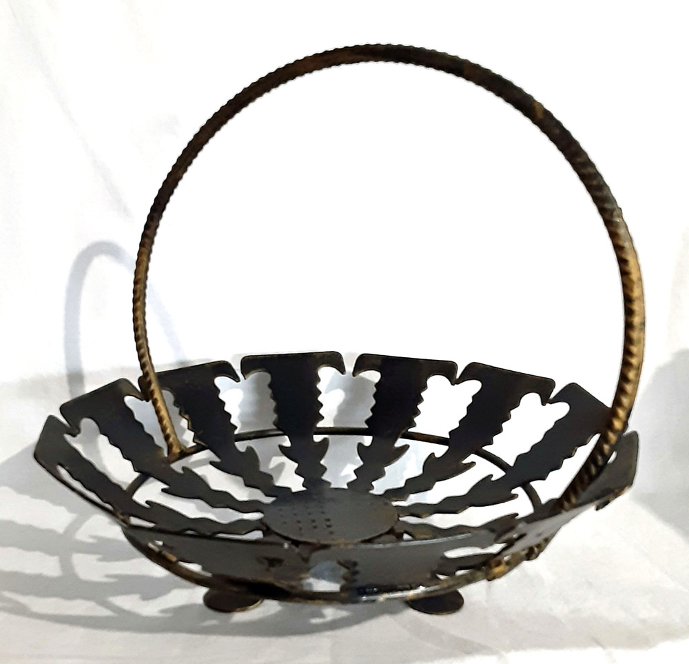 Vtg Metalwork, Brass-Washed 3-Footed Handled-Bowl/Centerpiece; Spain abt 1973