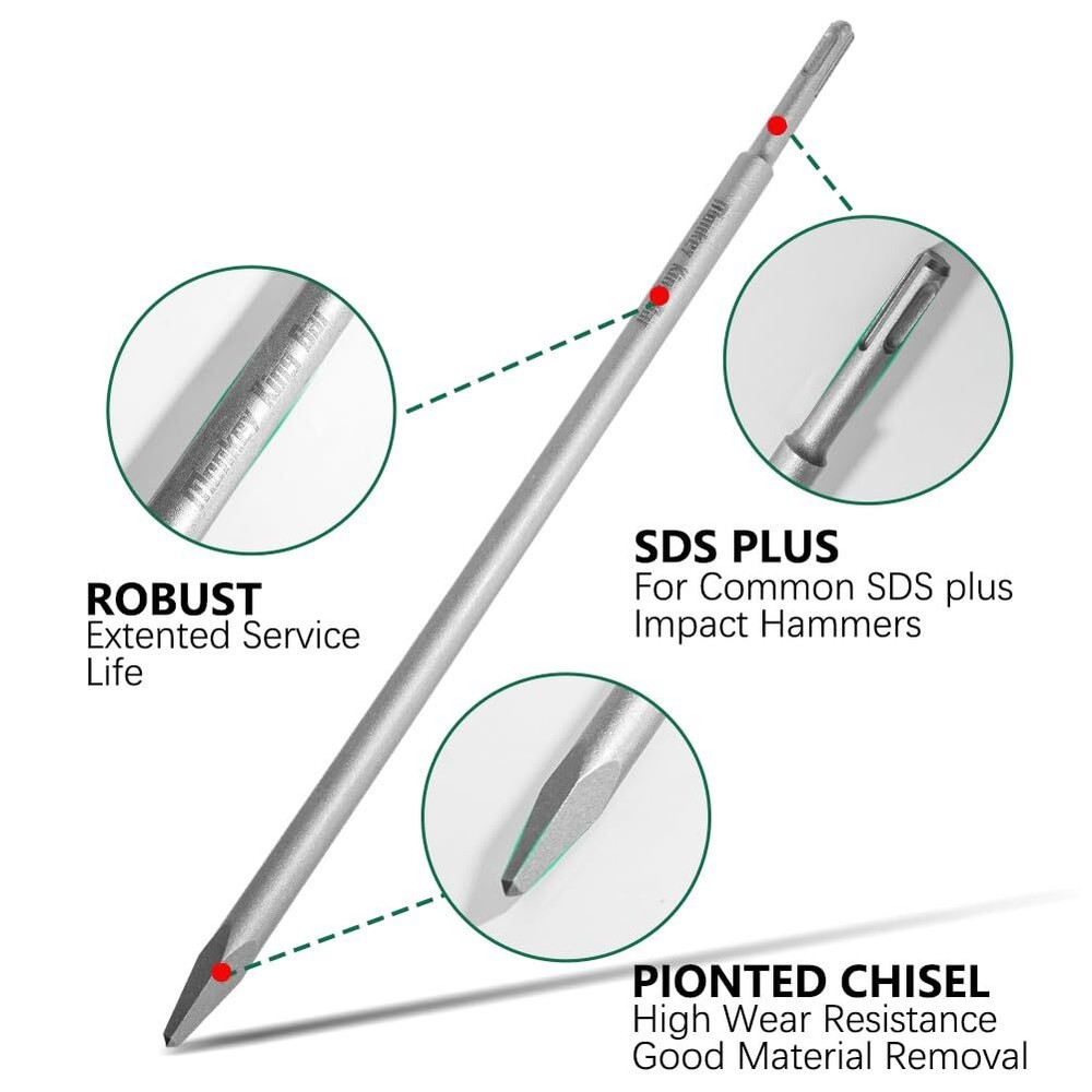 -SDS PLUS Chisel 16" Point Chisel- Sds Plus Shank Ideal for Concrete Demolition