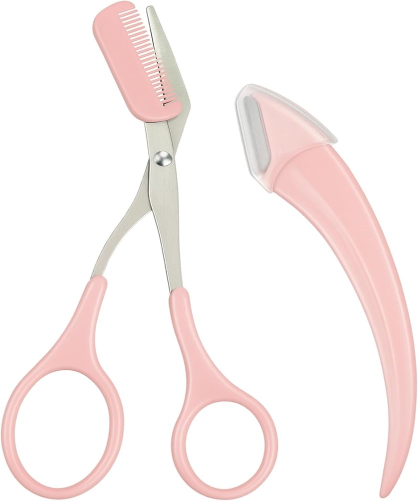 Ergonomic Pink Eyebrow Scissors with Comb - Precise Trimming Tool for All