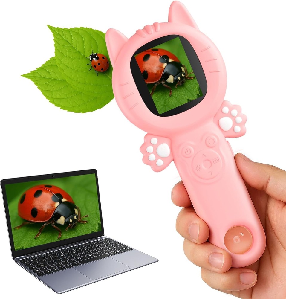 2-in-1 Microscope Camera for Kids, Mini Handheld Microscope Supporting (Pink)