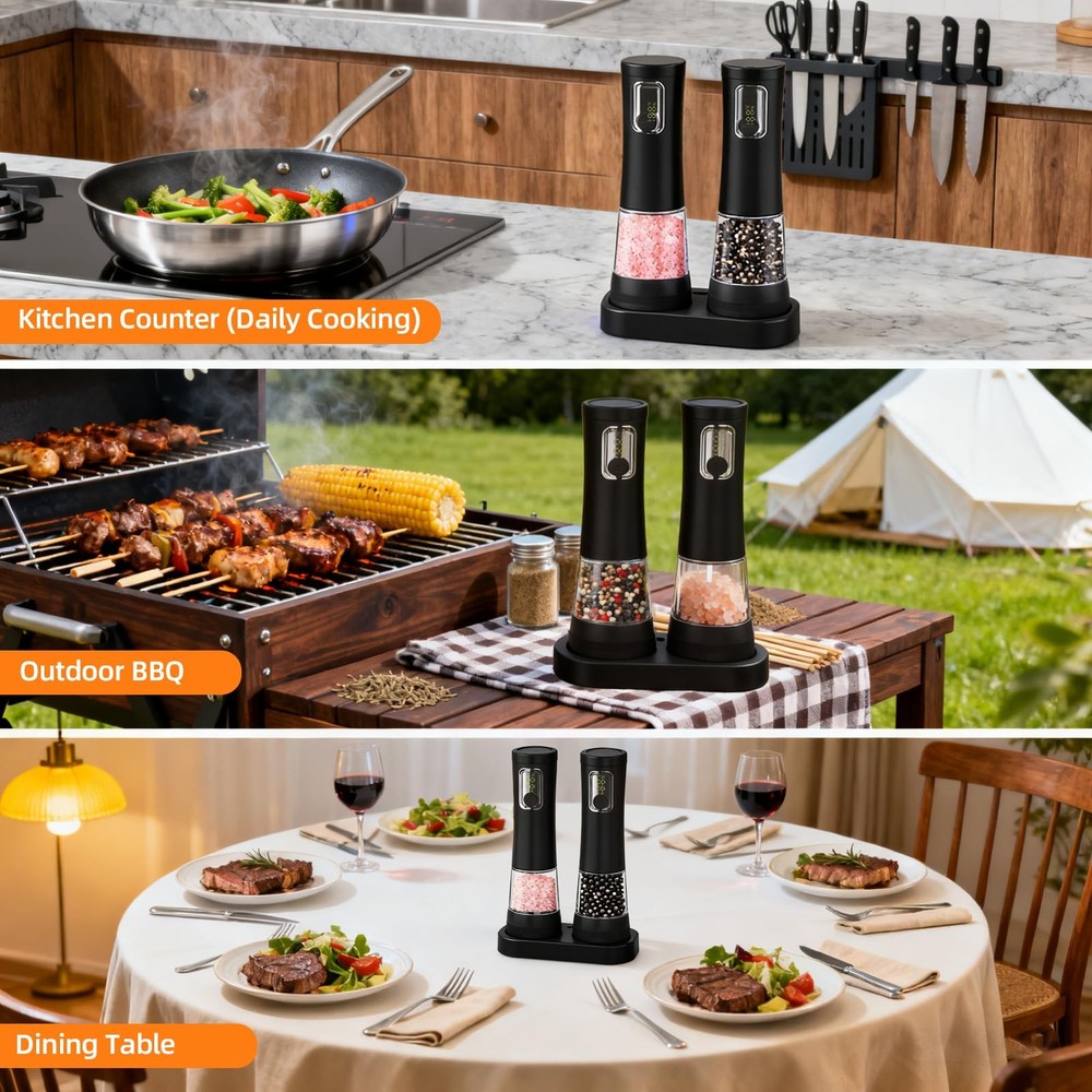 2 Pack Salt and Pepper Grinder Set, Rechargeable Automatic Pepper Mill with B...