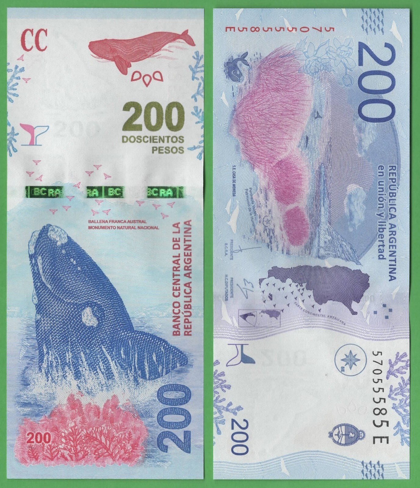 Argentina 200 Pesos UNC • P‑364a.1 • Southern Right Whale • Valdés Peninsula