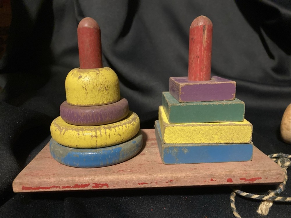 Vintage Sifo Wooden Rainbow Stacker Educational Stacking Ring Blocks Pull Toy