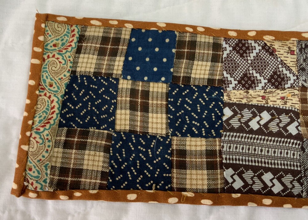 Antique Vintage Table Topper, Rectangle, Nine Patch, Early Calicos, Brown