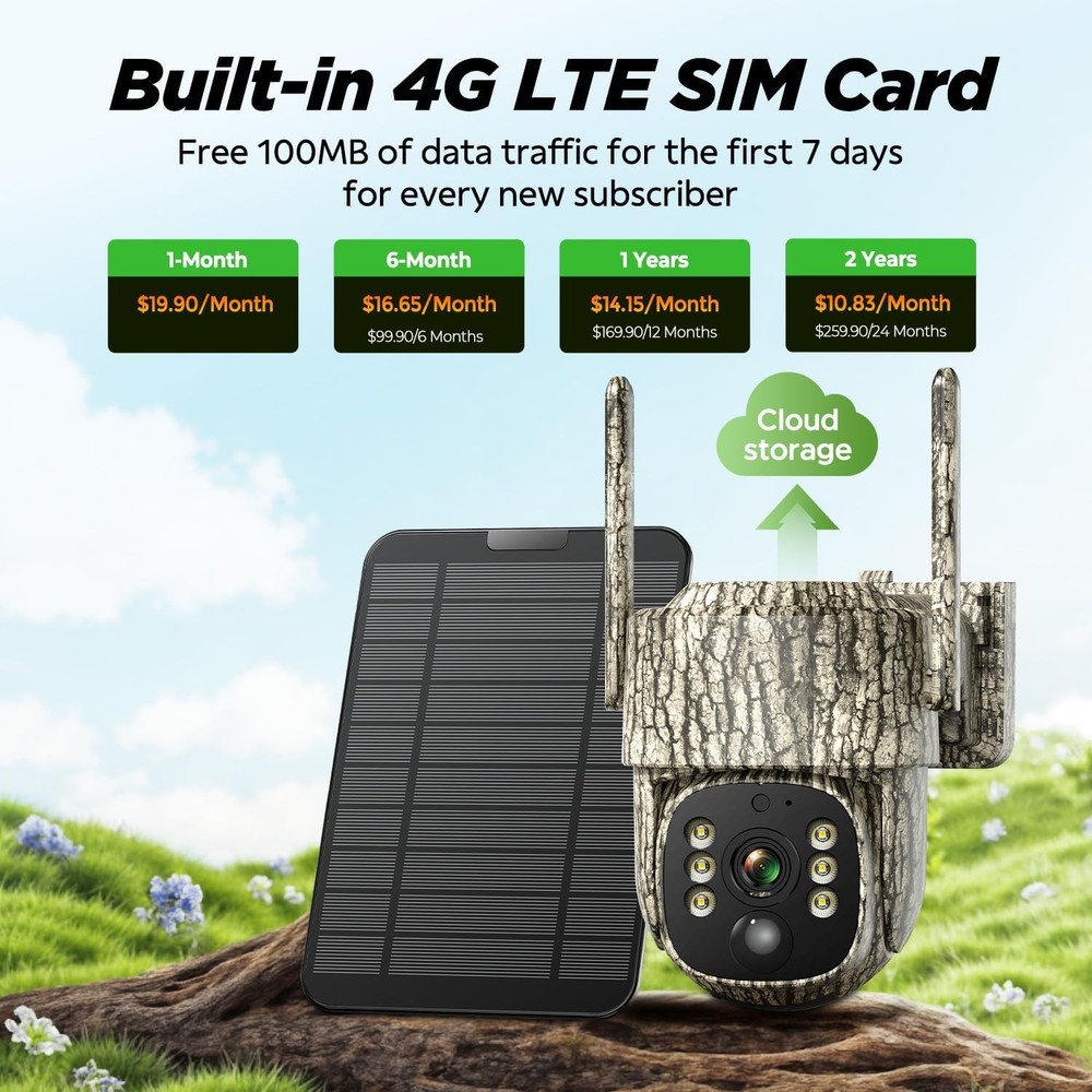4G LTE Cellular Trail Camera with Solar Panel 2.5K Smart Security Cam Auto Track