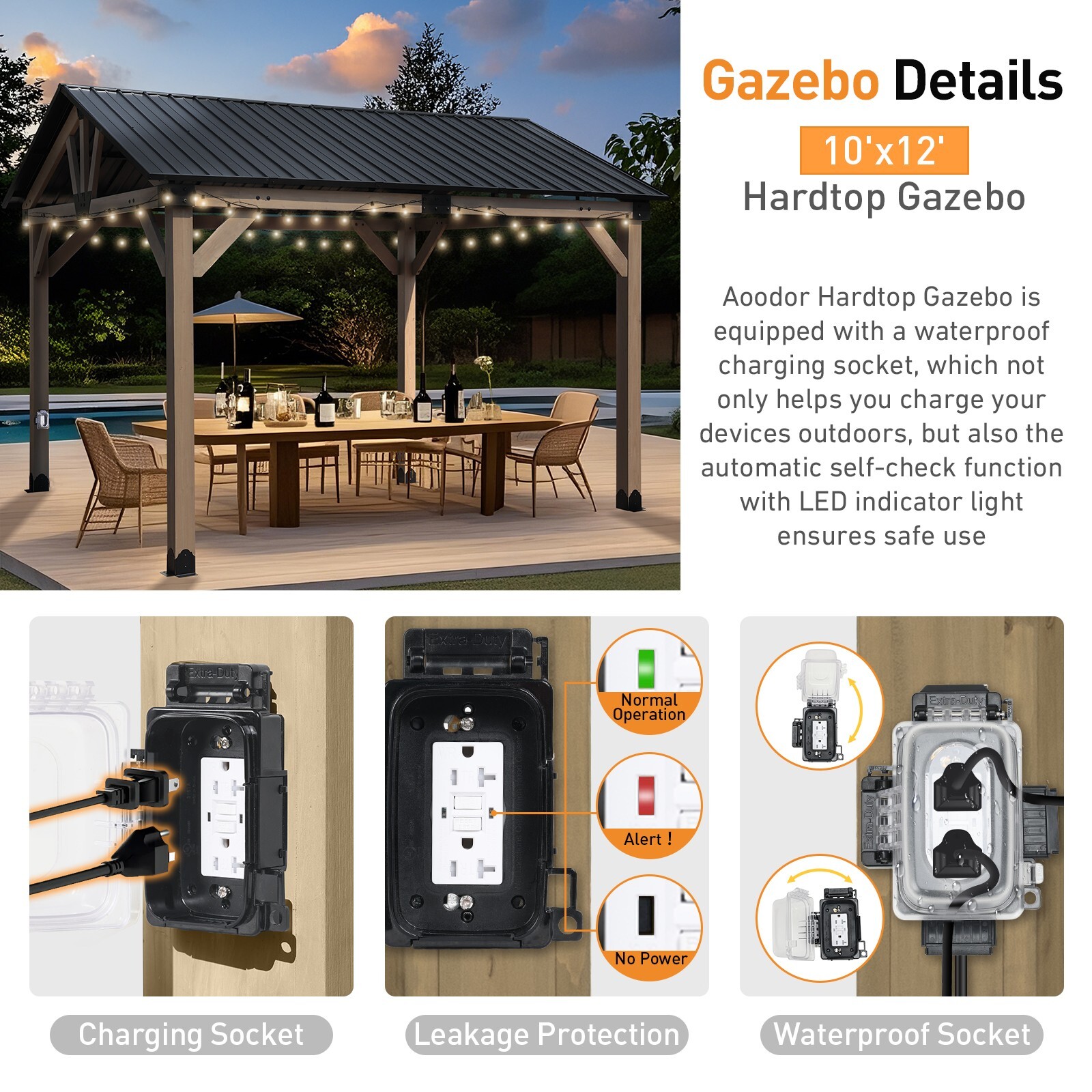 Aoodor 10'x 12' Hardtop Gazebo Outdoor Cedar Wooden Frame with Waterproof Socket