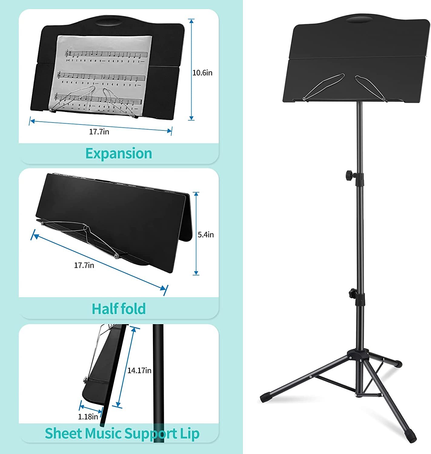 Portable Lightweight Metal Folding Sheet Music Stand With Carrying Bag & Light