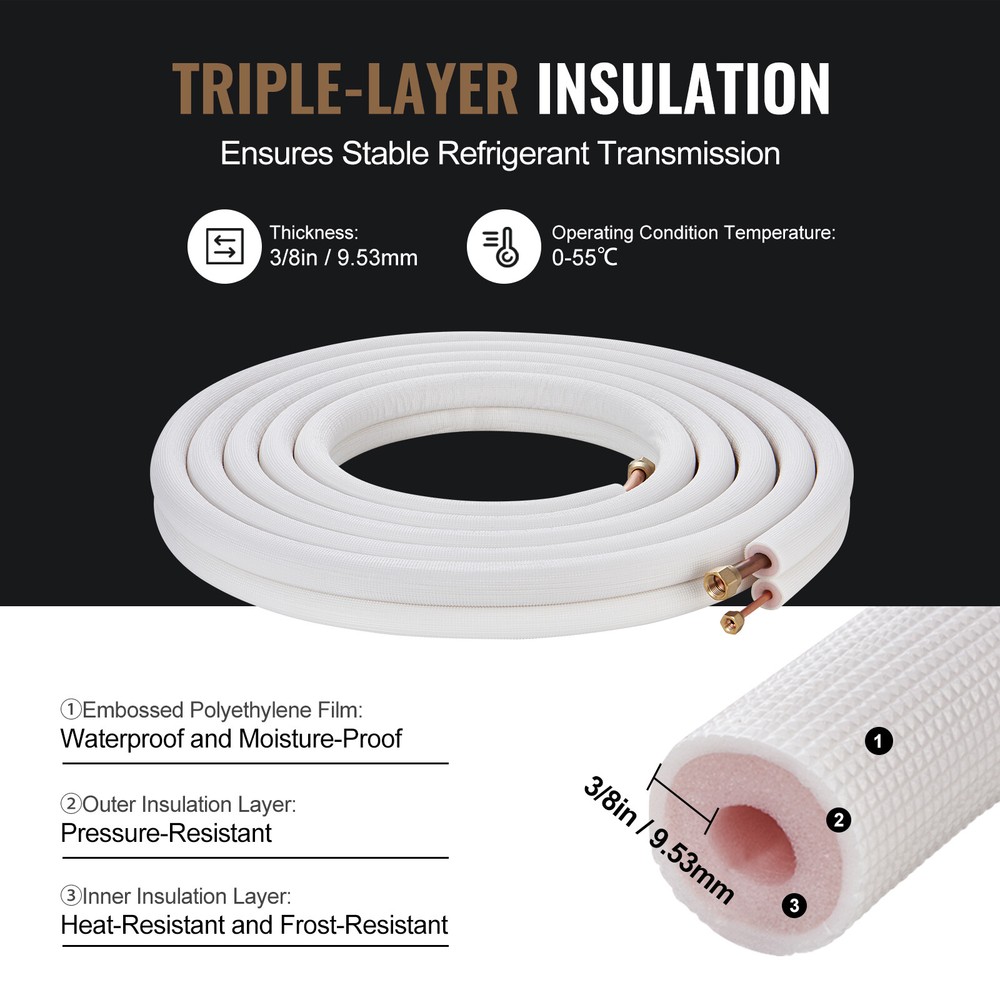 1/4"x1/2" x 25ft Copper Ductless Mini Split Line AC Connection Set Insulated Kit