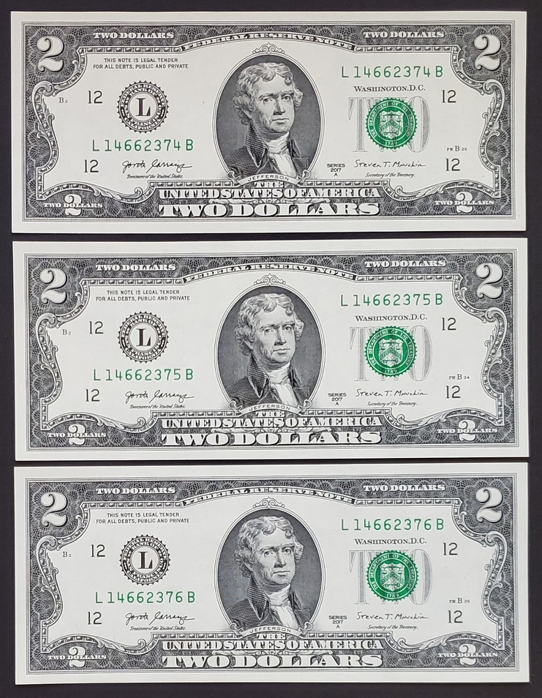 3x $2 Consecutive Notes L14662374B-376B 2017A Crisp UNC Sequential Run
