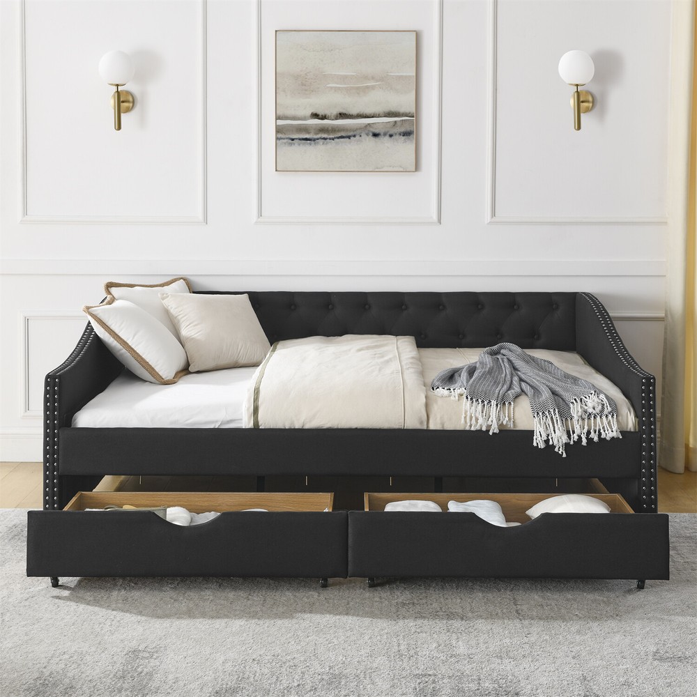 Full Size Daybed Upholstered Bed Frame Sofa Bed w/ 2 Storage Drawer US