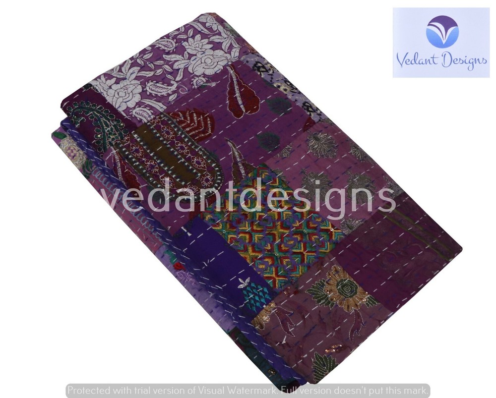 Handmade Patchwork Kantha Quilt Reversible Bedspread Double Cotton Coverlet