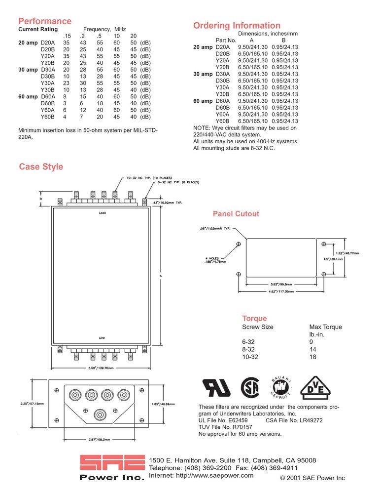 SAE D60B 60 Amp 3 Phase 250 VAC Delta Connected Circuit EMI Line Filter w/Specs
