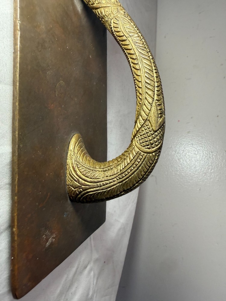 Antique ornate tooled brass fixed figural griffin serpent door handle hardware