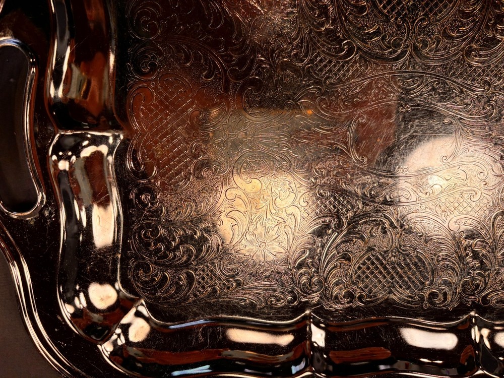 Vintage Silverplate Serving Tray with Handles – Unmarked