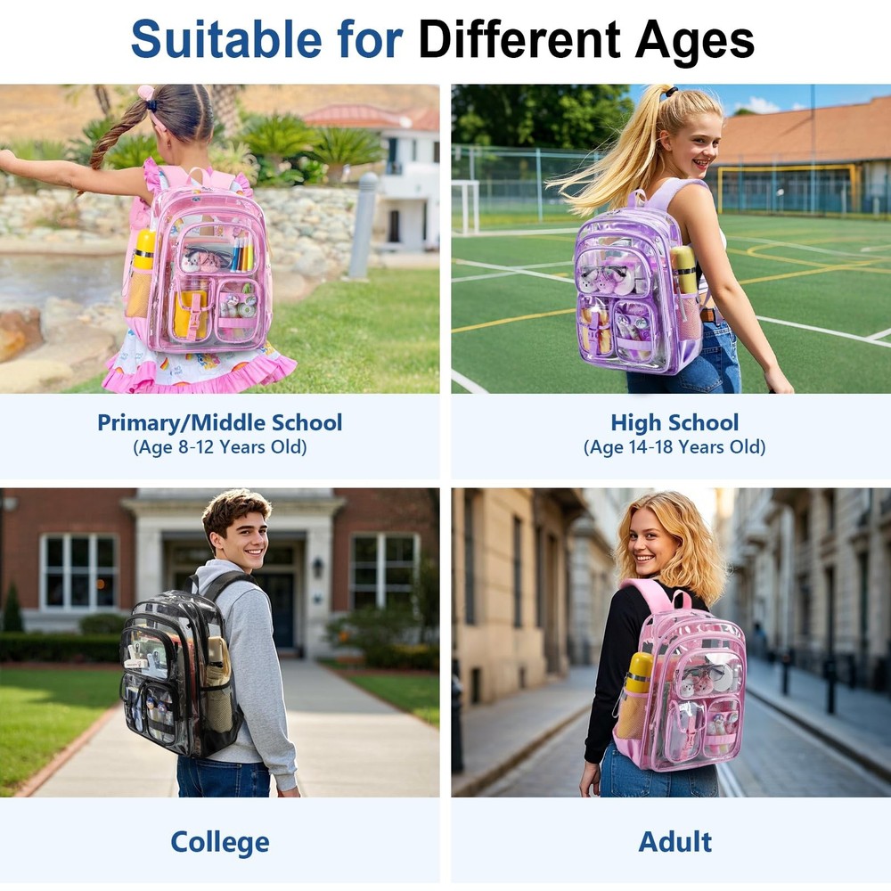 Grey Clear Backpack Heavy Duty Large Transparent Bookbag Multiple Pockets