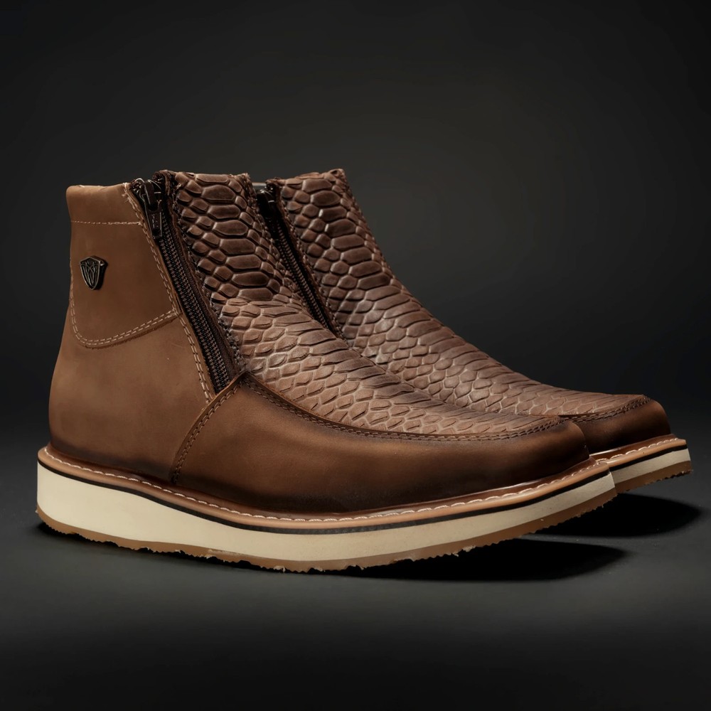 Men's Python Print Leather Square Toe Double Density Boots with Zipper - Tobacco