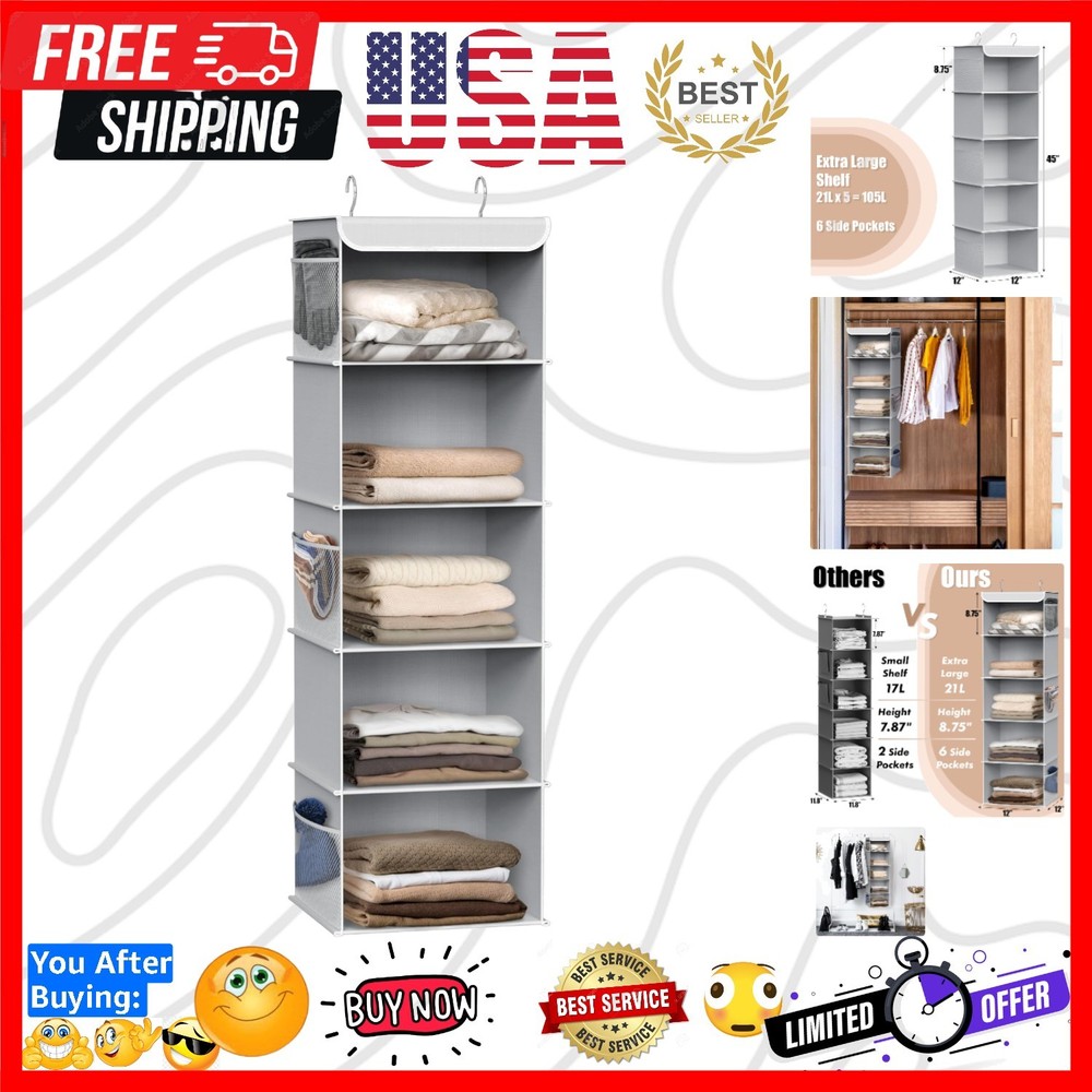 5 Shelf Hanging Closet Organizer, Gray