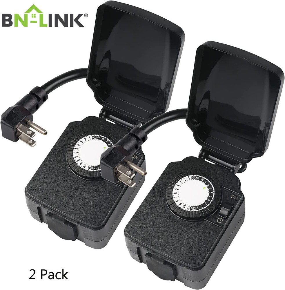 2 Pack BN-LINK 24Hour Mechanical Outdoor Light Timer with 3-Prong Timer Outlet