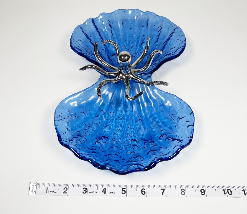 Mudpie Silver Octopus Blue Shell Shaped Glass Appetizer Dish Platter